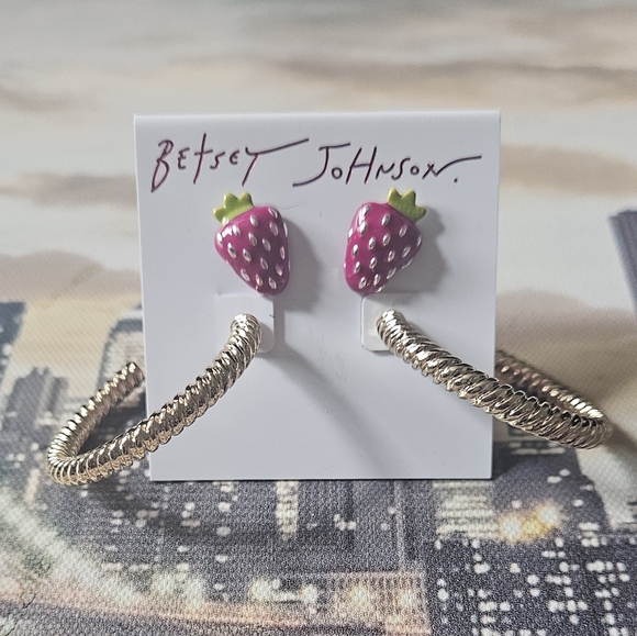 Betsey Johnson Pink Strawberry Earrings and Gold Bracelet Set - Picture 3 of 9